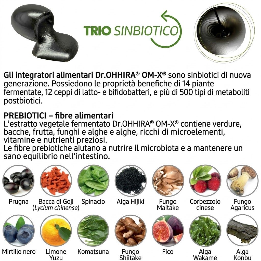 Panoramica degli ingredienti del sapone Dr. OHHIRA KAMPUKU: estratti vegetali fermentati e probiotici.