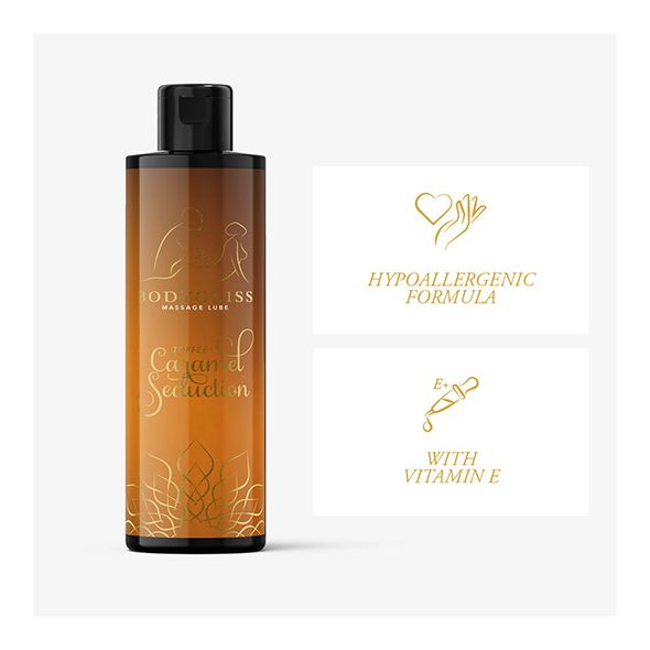 Flacone. Scritta: BodyGliss, Toffee Caramel Seduction. Loghi: Formula ipoallergenica, con vitamina E.