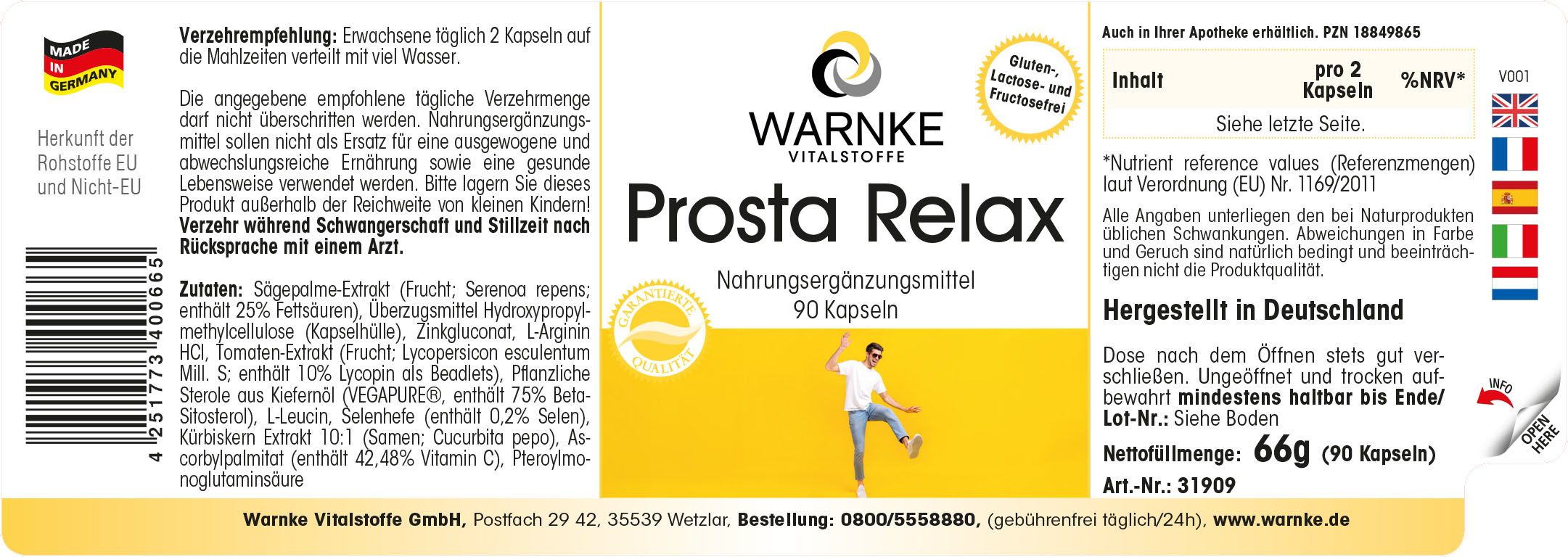 Etichetta con testo. Scritta "Prosta Relax". 90 capsule. Contiene informazioni sugli ingredienti e sui valori nutrizionali.