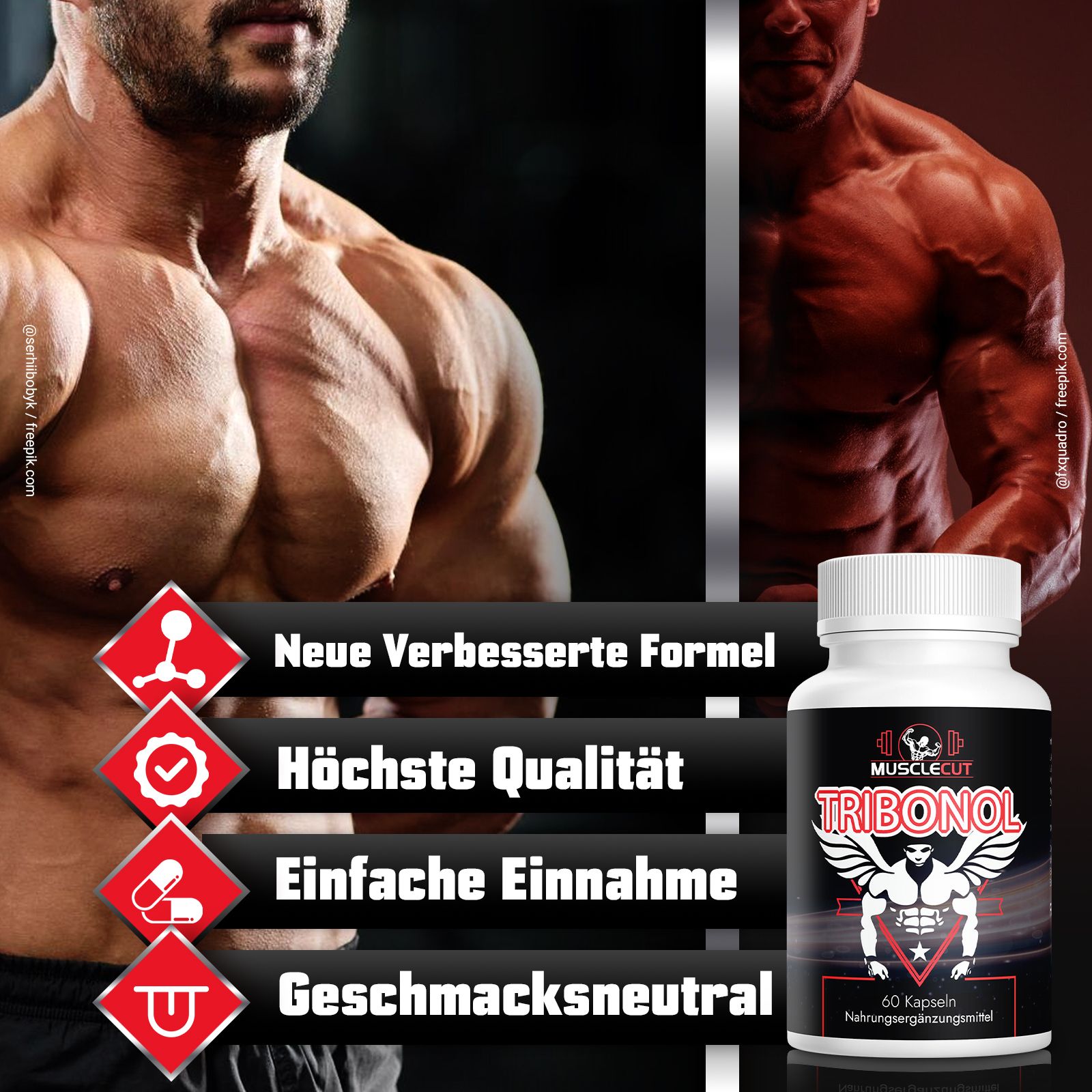 Flacone bianco con etichetta nera. Scritta: Tribonol, 60 capsule. Loghi. Sfondo: uomo muscoloso.