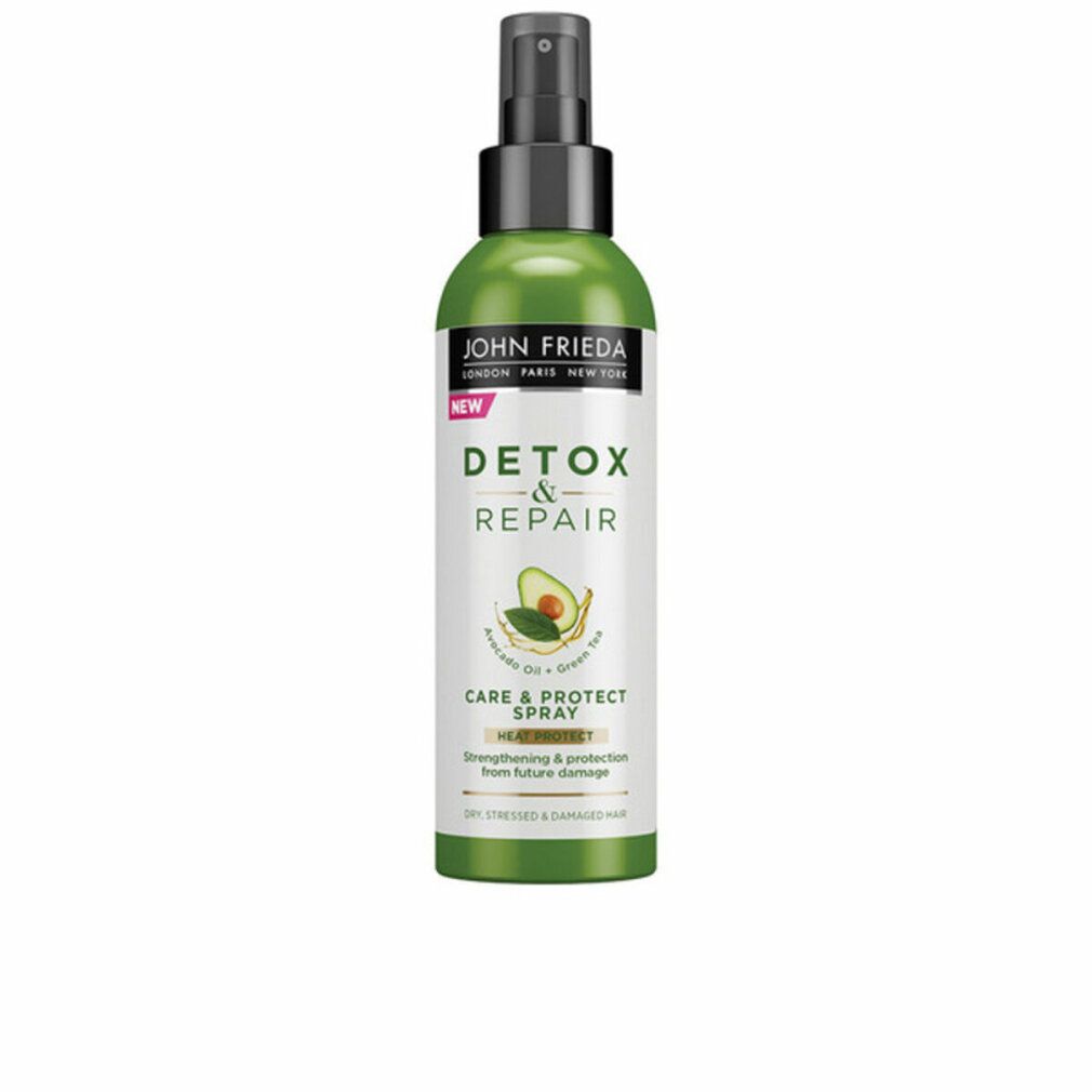 Flacone spray verde con erogatore nero. Scritta: John Frieda, Detox & Repair, Care & Protect Spray. Contiene olio di avocado e tè verde.