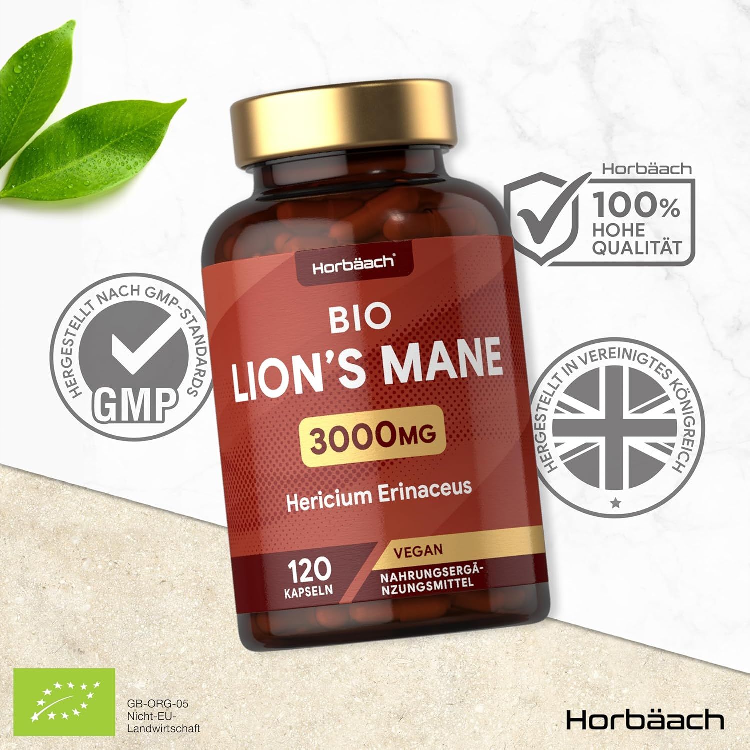 Flacone marrone con tappo dorato. Scritta: Bio Lion's Mane 3000mg, 120 capsule. Vegano. Standard GMP. Alta qualità. Prodotto nel Regno Unito.
