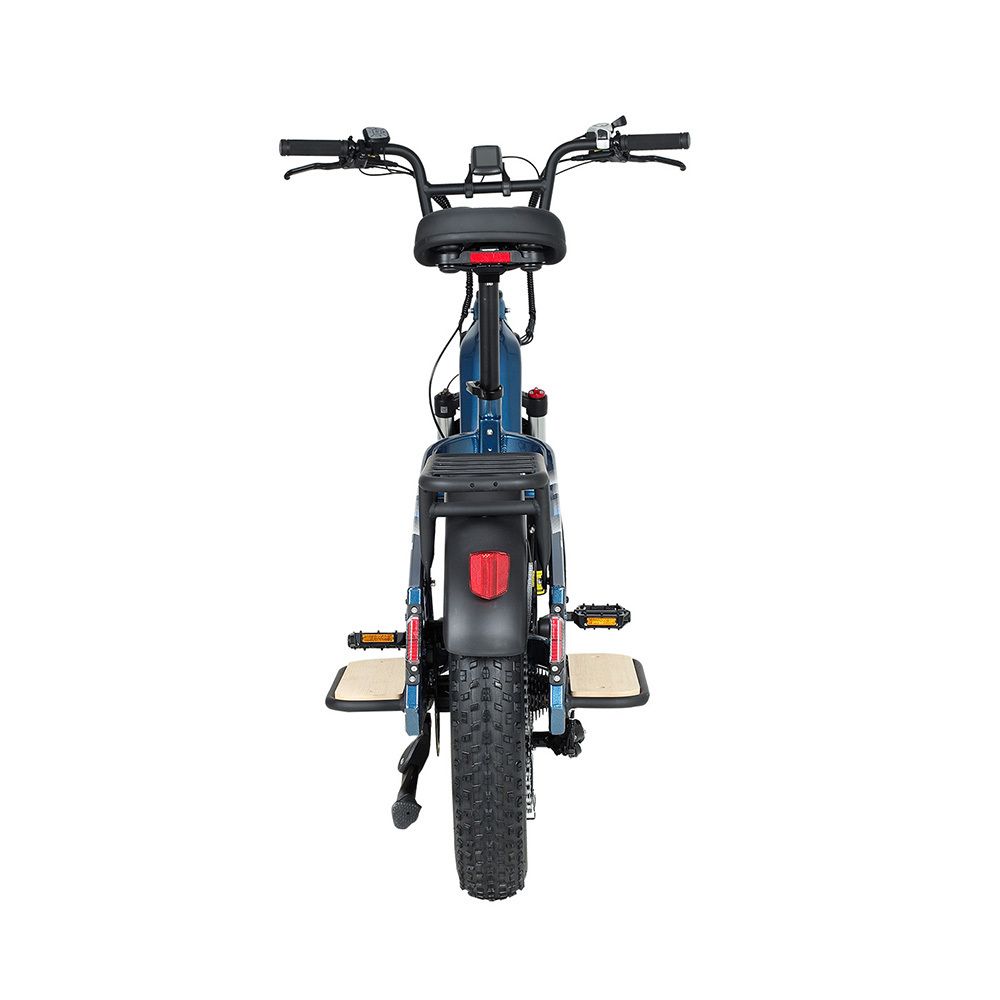 E-bike cargo blu con pneumatici larghi, portapacchi e piattaforme in legno. Vista posteriore.