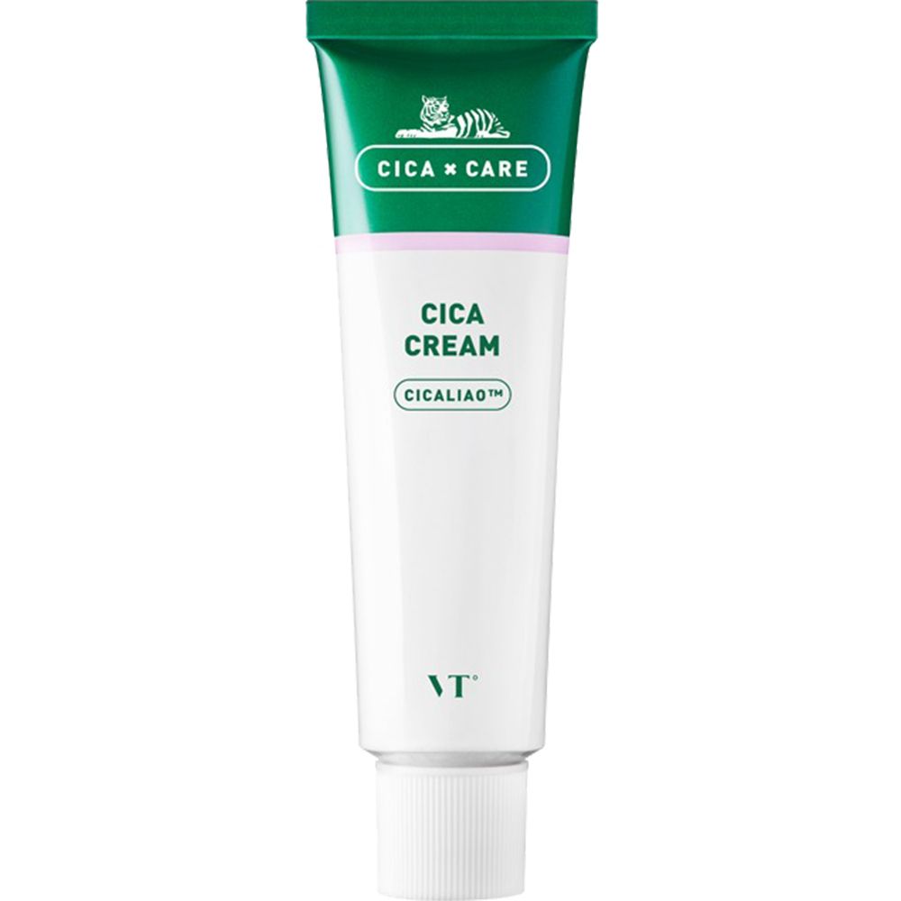 Tubo di Cica Cream. Tubo verde e bianco con tappo verde. Scritta: Cica Cream, CICALIAO. Marchio: VT. Su sfondo bianco.