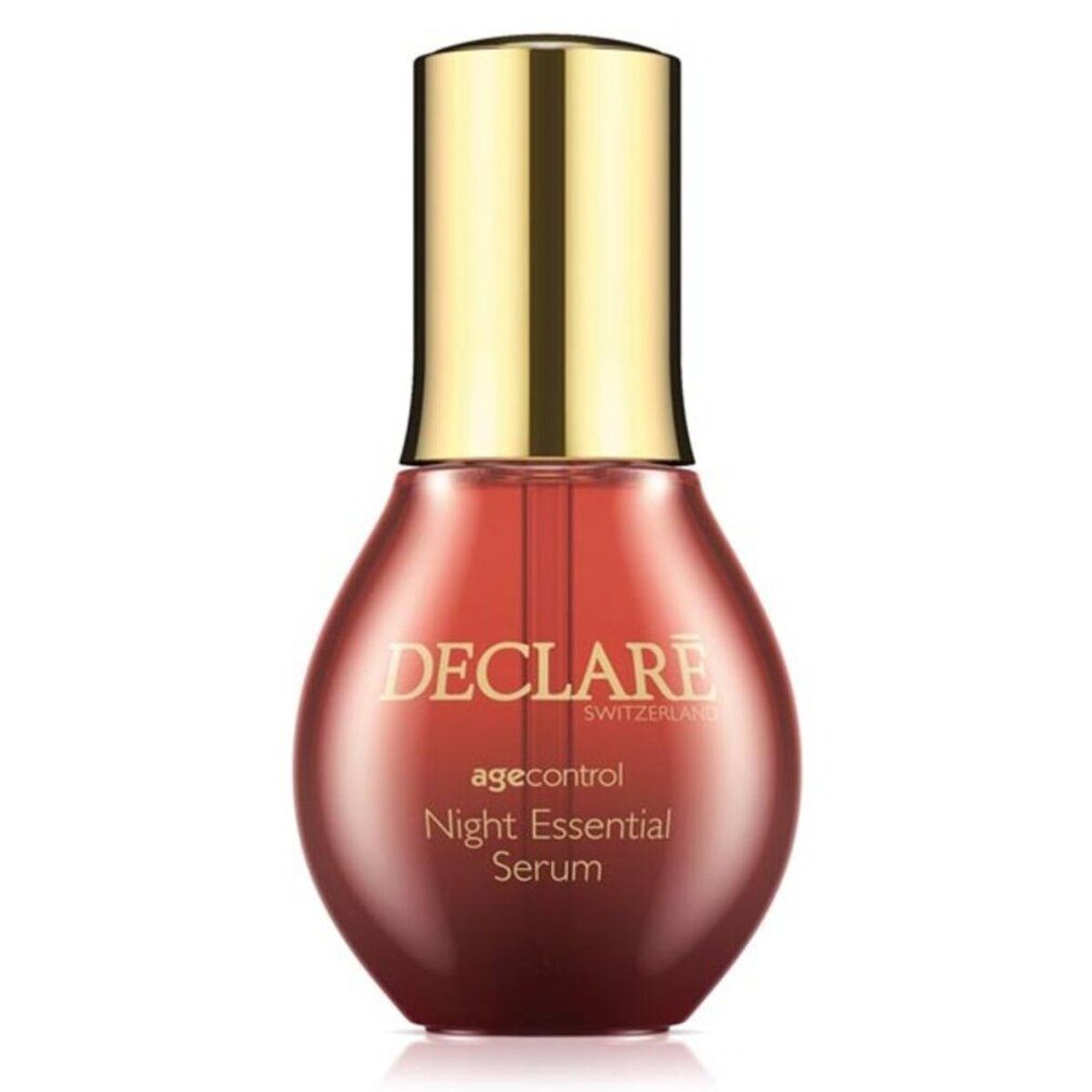 Flacone di siero rosso con tappo dorato. Scritta: DECLARE, agecontrol Night Essential Serum.