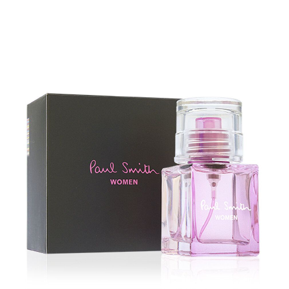 Flacone e scatola. Flacone rosa, quadrato, con tappo trasparente. Scatola nera con scritta rosa "Paul Smith WOMEN".