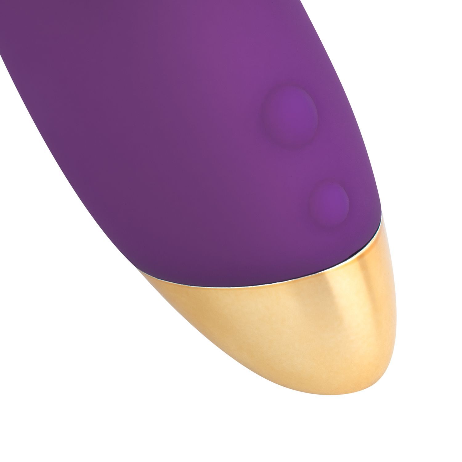 Primo piano dei controlli e della punta dorata di un vibratore viola.