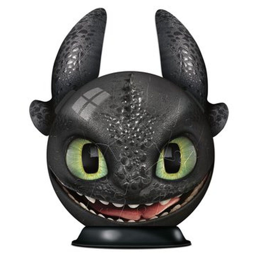 Testa di drago nera, puzzle 3D. Occhi verdi, bocca aperta con denti. Su base.