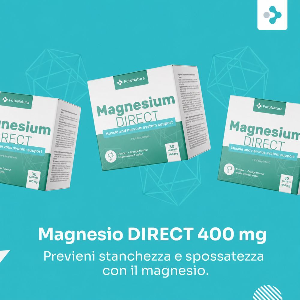 Donna tiene scatola e bustine FutuNatura Magnesium DIRECT 400 mg. Testo: "Previeni stanchezza e spossatezza con il magnesio."