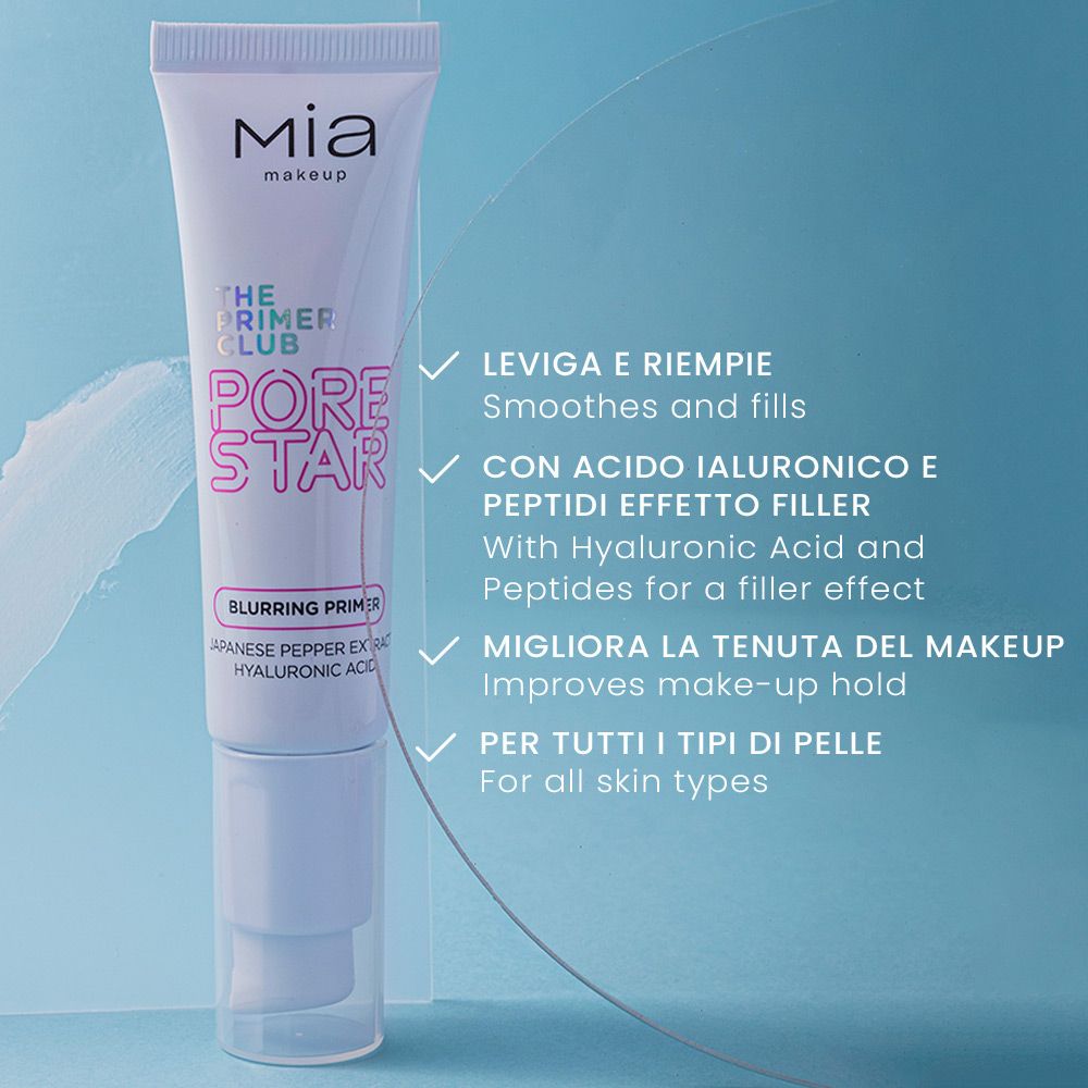 Tubetto Mia Makeup Pore Star Primer. Tubo bianco con scritte rosa. Testo: The Primer Club, Pore Star, Blurring Primer. Ingredienti e benefici.