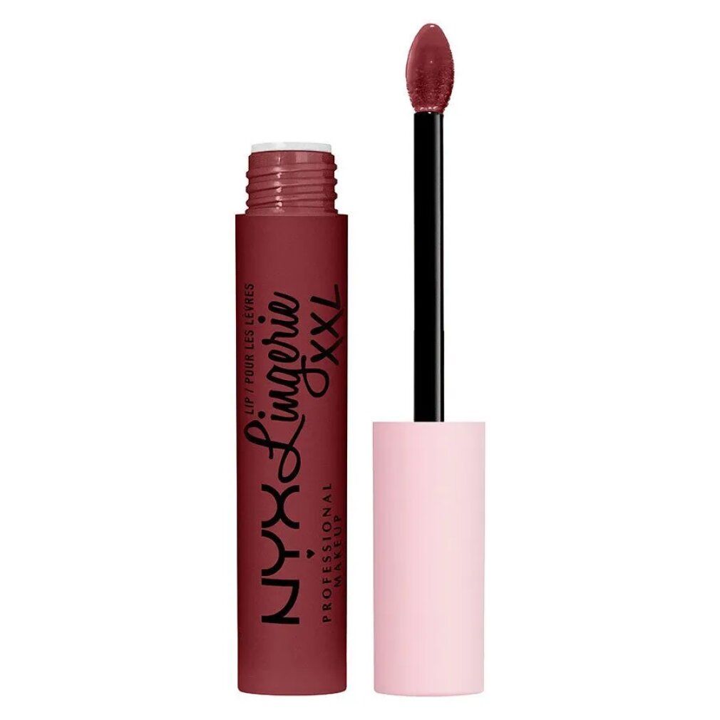 Rossetto liquido opaco NYX Lip Lingerie XXL, svitato, con applicatore, color rosso-marrone.