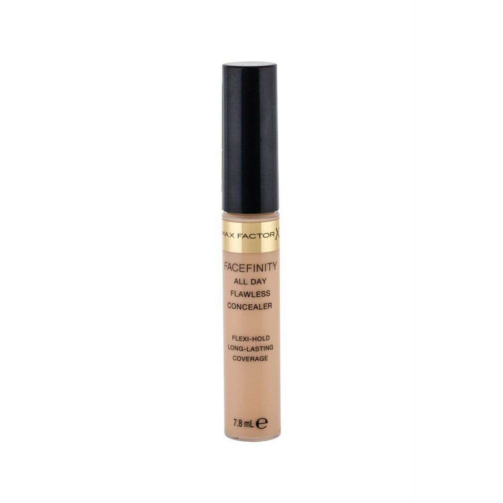 Correttore Max Factor Facefinity All Day. Tubo beige con tappo nero. Scritte: Facefinity, All Day Concealer, Flexi-Hold, 7,8 ml.