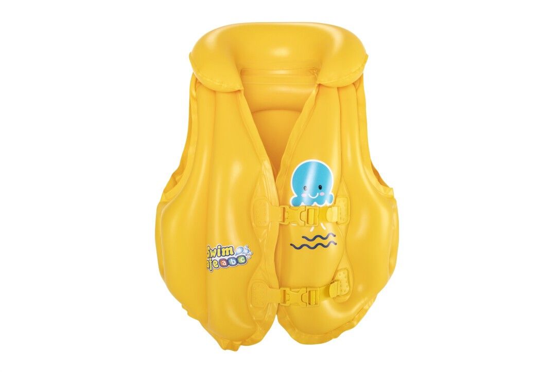 Gilet di salvataggio giallo con motivo polpo blu e onde. Fibbie e scritta Swim Safe.