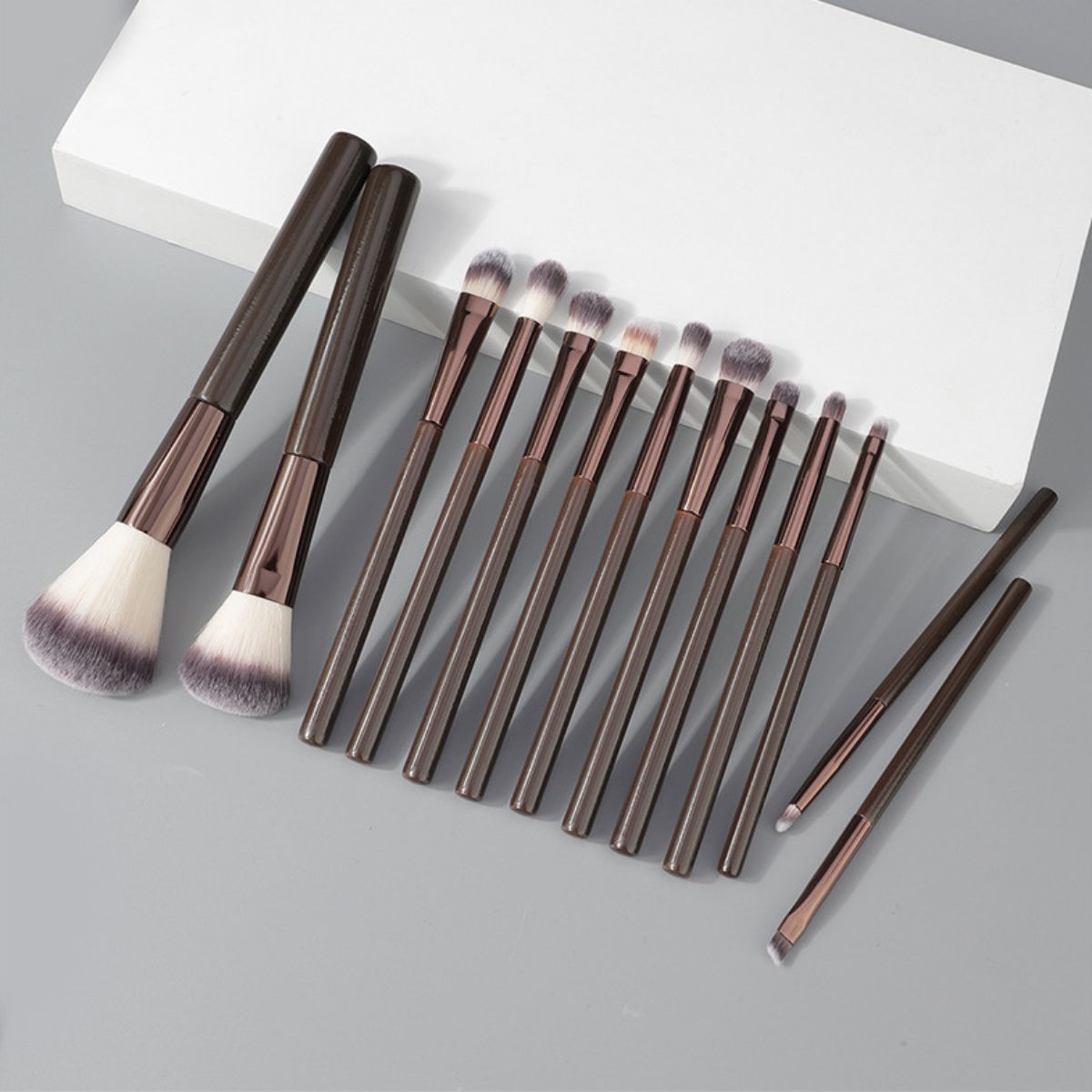Un set di 12 pennelli per il trucco scuri con setole bianche e grigie.