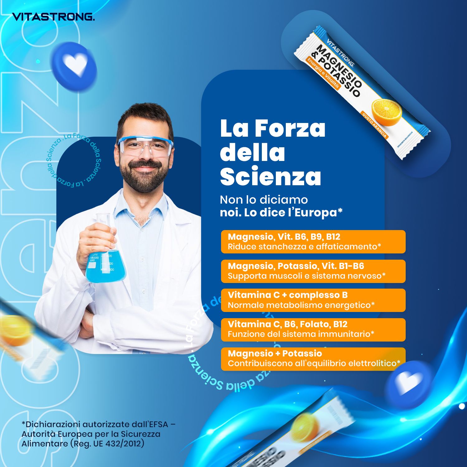 Stick Vitastrong Magnesio & Potassio. Scienziato con occhiali ed beuta. Testo: La Forza della Scienza. Con icone.