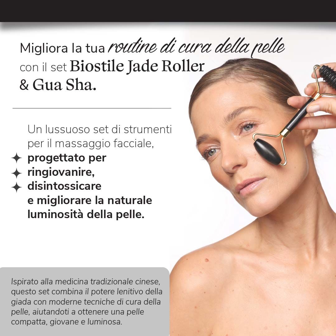 Donna con rullo di giada Biostile. Testo: Migliora la tua routine di cura della pelle con il Biostile Jade Roller & Gua Sha.