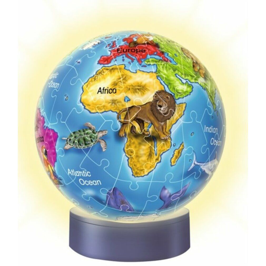 Globo luminoso puzzle con continenti e animali. 72 pezzi. Globo illuminato su base. Pezzi del puzzle visibili.