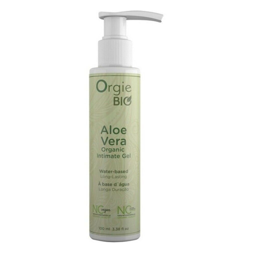 Flacone con dosatore. Scritta: Orgie BIO Aloe Vera Organic Intimate Gel. A base d'acqua, lunga durata.