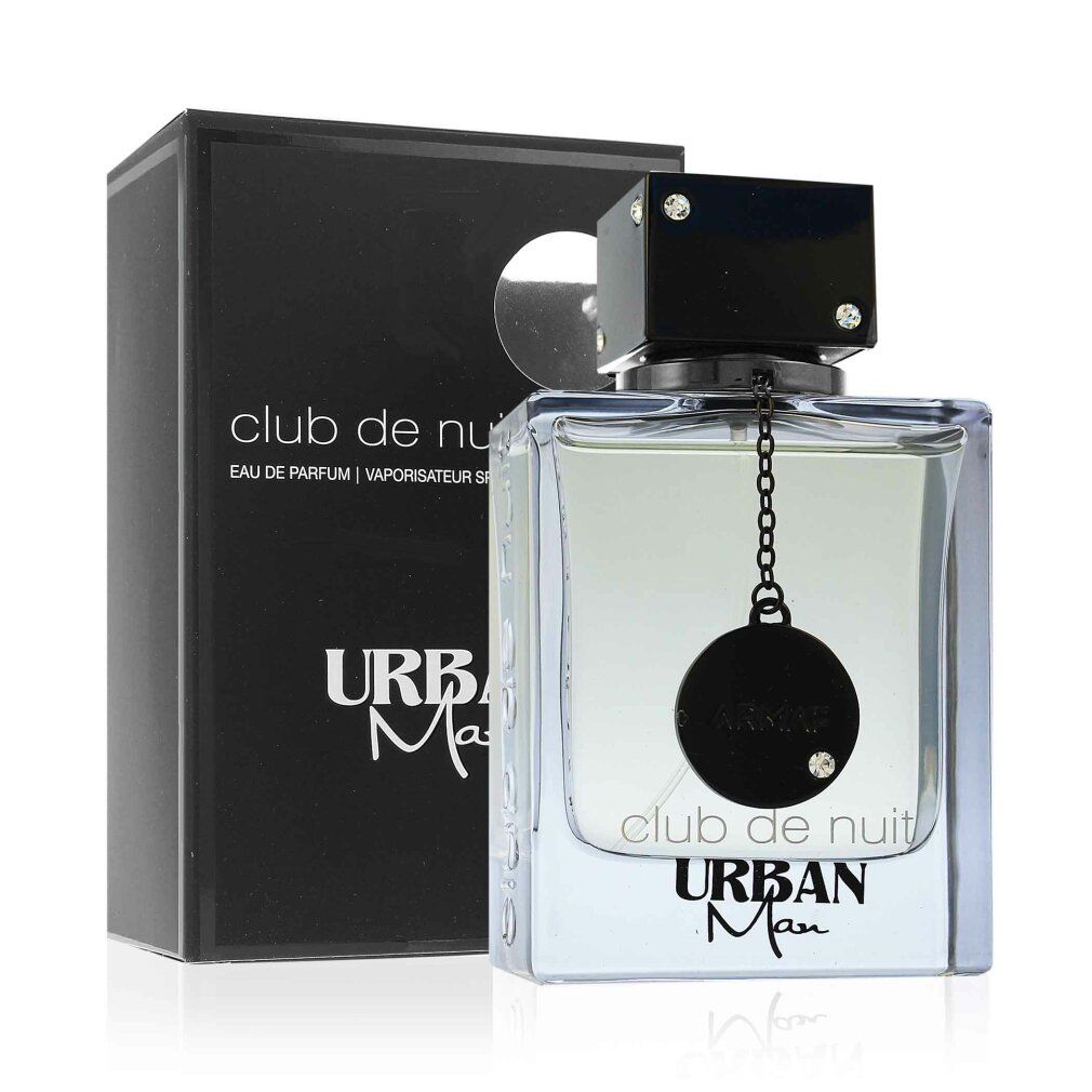Scatola nera e flacone. Flacone con tappo nero e catena. Scritta: Club de Nuit, Urban Man.