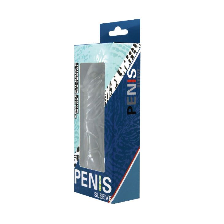 Confezione per guaina peniena. Scatola blu e bianca con finestra. Scritta: PENIS SLEEVE.