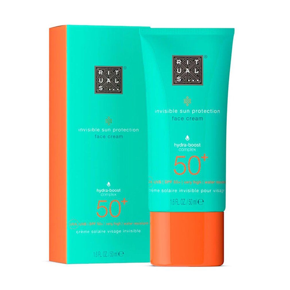 Tubo e scatola turchese. Scritta: Rituals, invisible sun protection face cream, SPF50+. Base arancione.