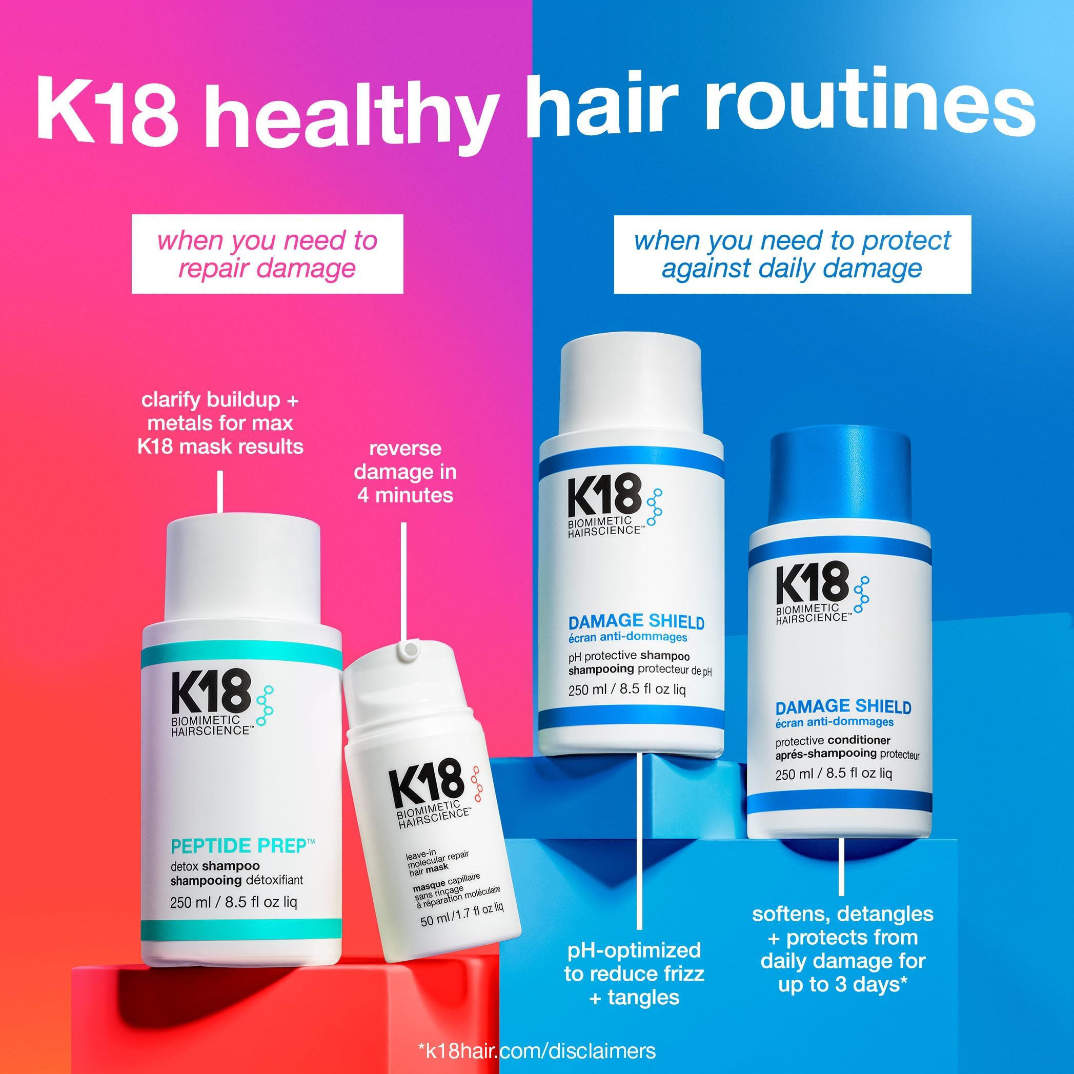 Tre prodotti K18: Peptide Prep, Leave-in Molecular Repair Hair Mask, Damage Shield. Testo: routine per capelli sani.