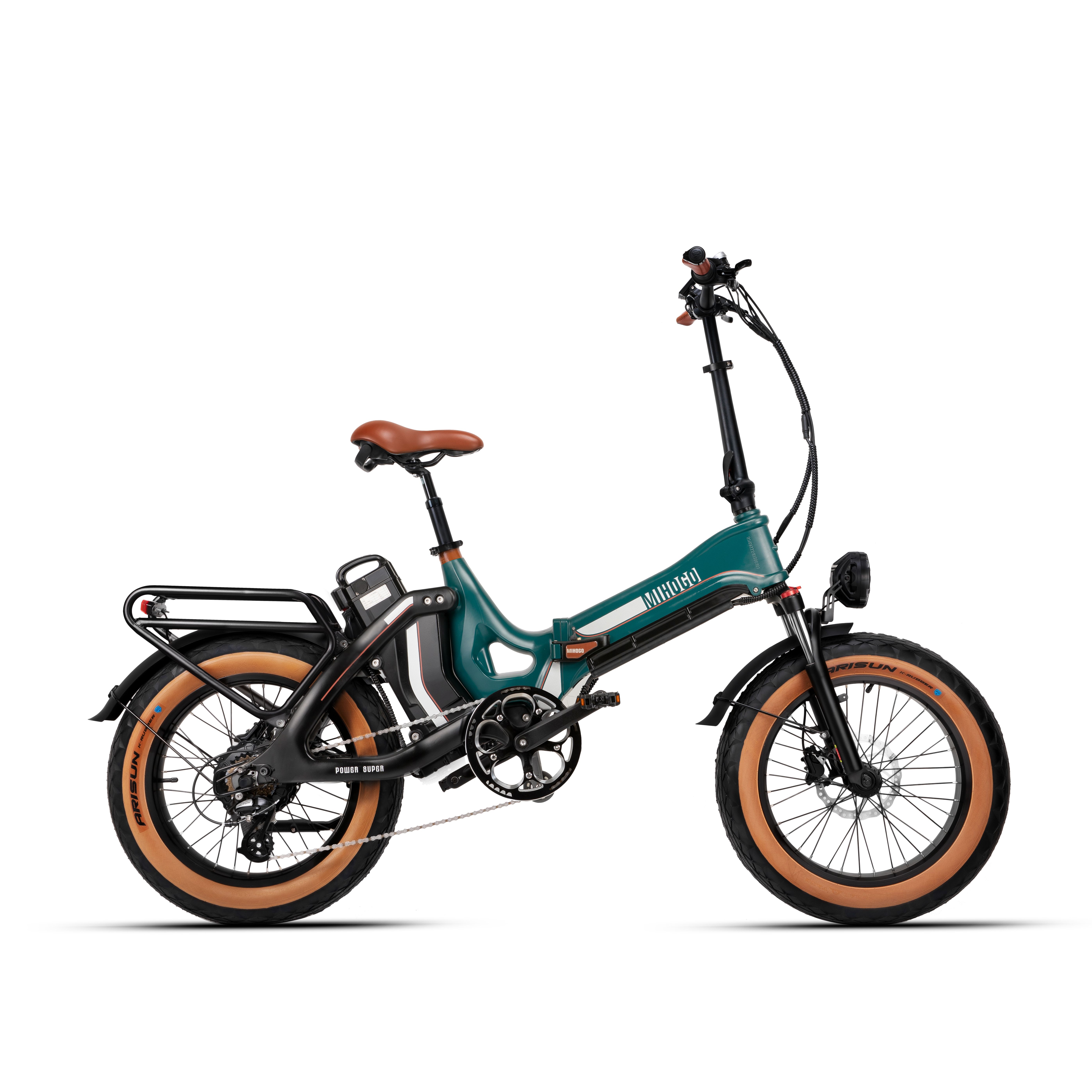 E-bike pieghevole, verde, sella e pneumatici marroni, portapacchi. Dettagli neri. Con navigazione.