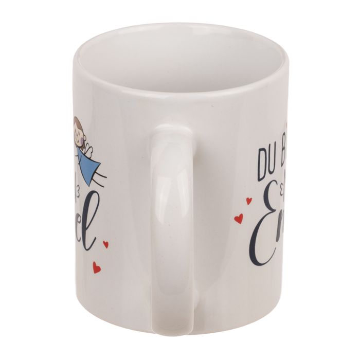 Tazza in ceramica bianca con manico. Scritta: Du bist mein Engel. Illustrazione angelo e cuori rossi.