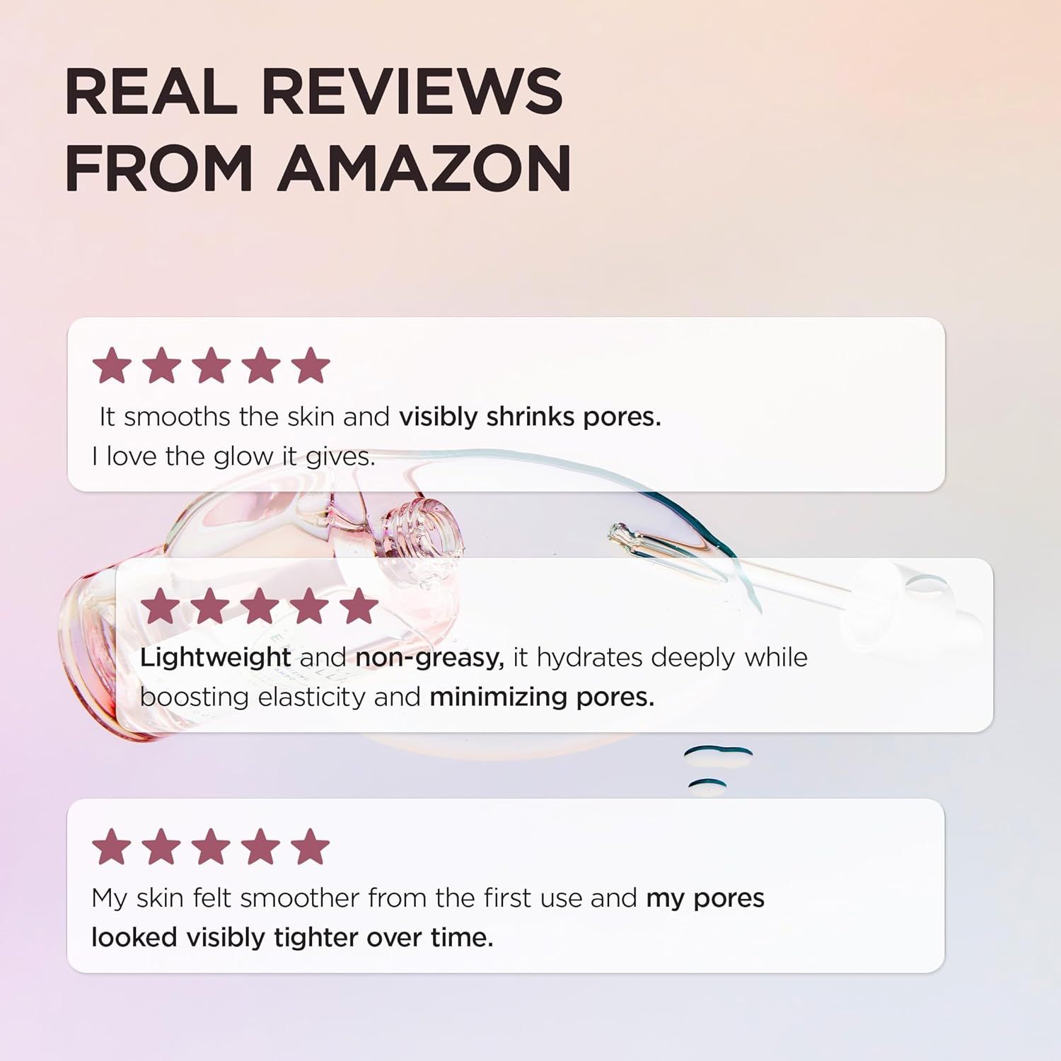 Recensioni Amazon. Valutazioni a stelle e testo. Descrizioni: pelle liscia, pori ridotti, luminosità. Leggero, non grasso, idrata.