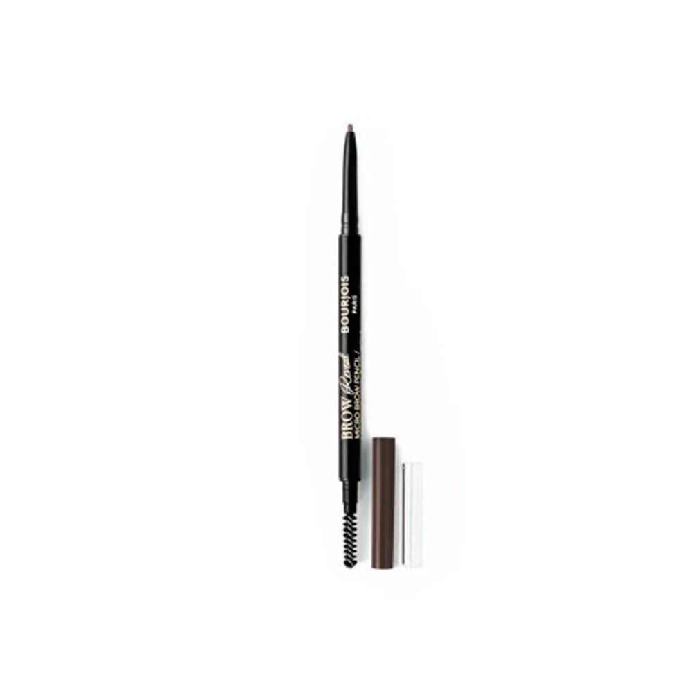 Matita per sopracciglia con spazzola e cappuccio. Matita nera con scritta "Bourjois Brow Reveal Micro Brow Pencil".