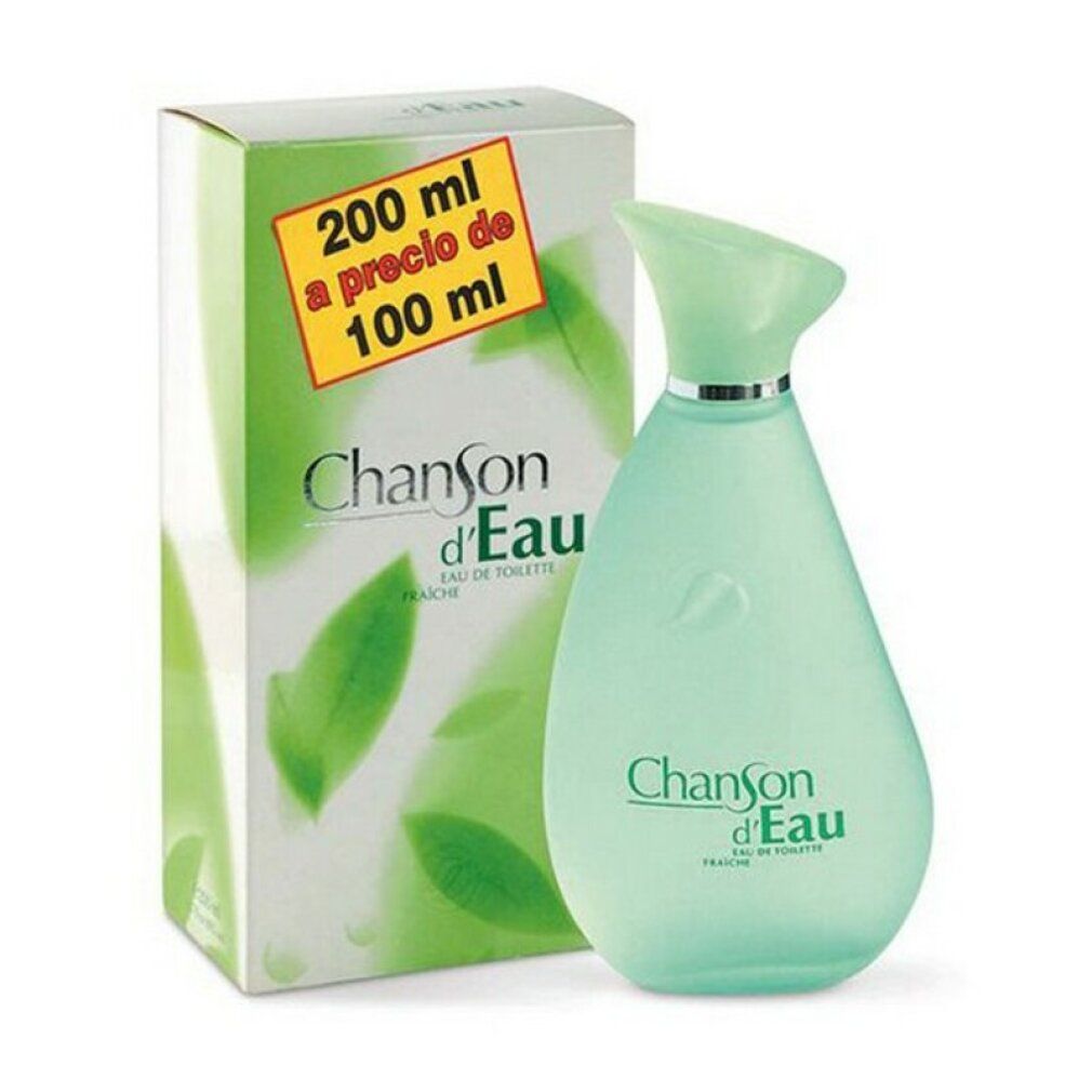 Flacone e confezione verdi. Scritta "CHANSON D'EAU". Confezione con foglie e testo.