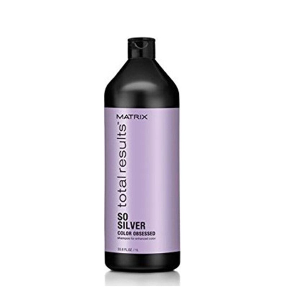 Flacone nero con etichetta viola. Scritta: Matrix Total Results So Silver Shampoo.
