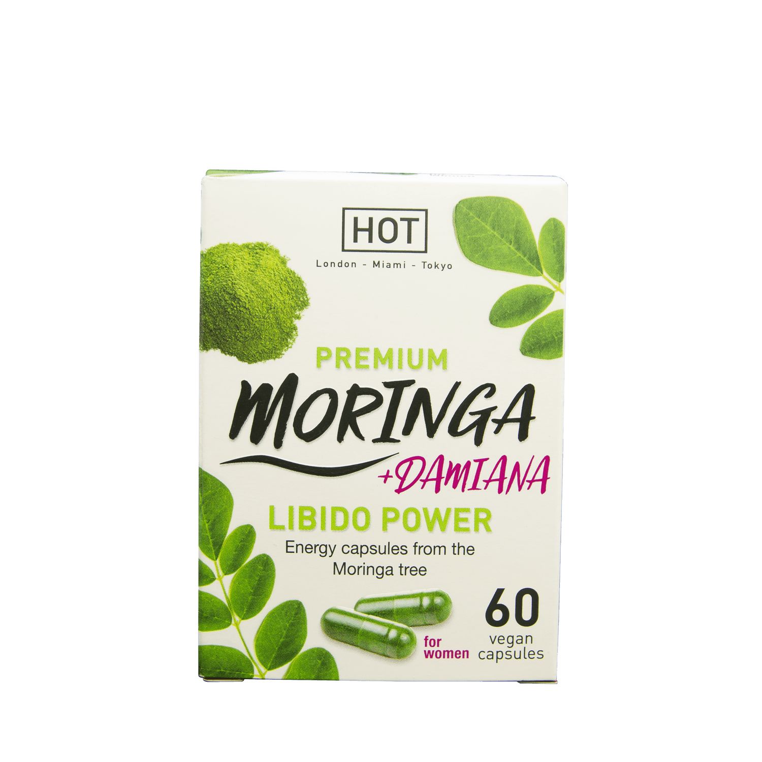 Scatola di capsule « Moringa + Damiana Libido Power ». Confezione verde e bianca, testo, foglie, 60 capsule.
