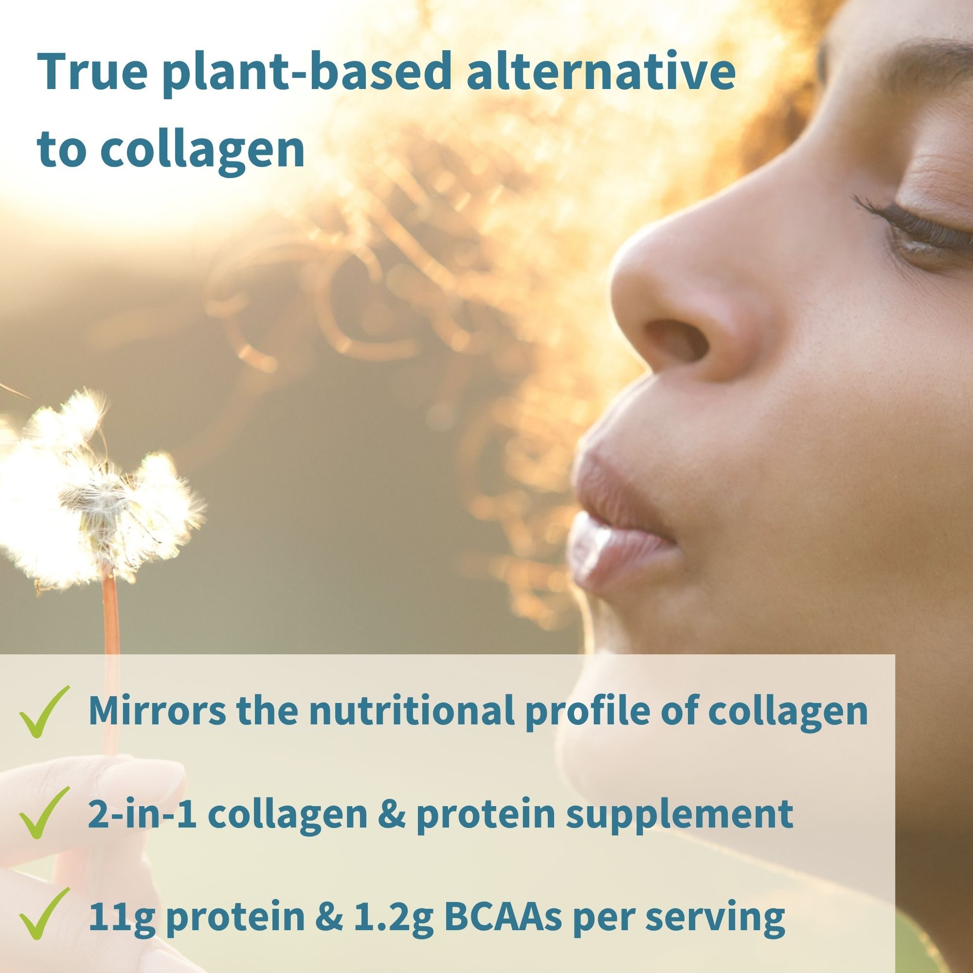 Donna soffia su un dente di leone, con testo su un'alternativa vegetale al collagene.
