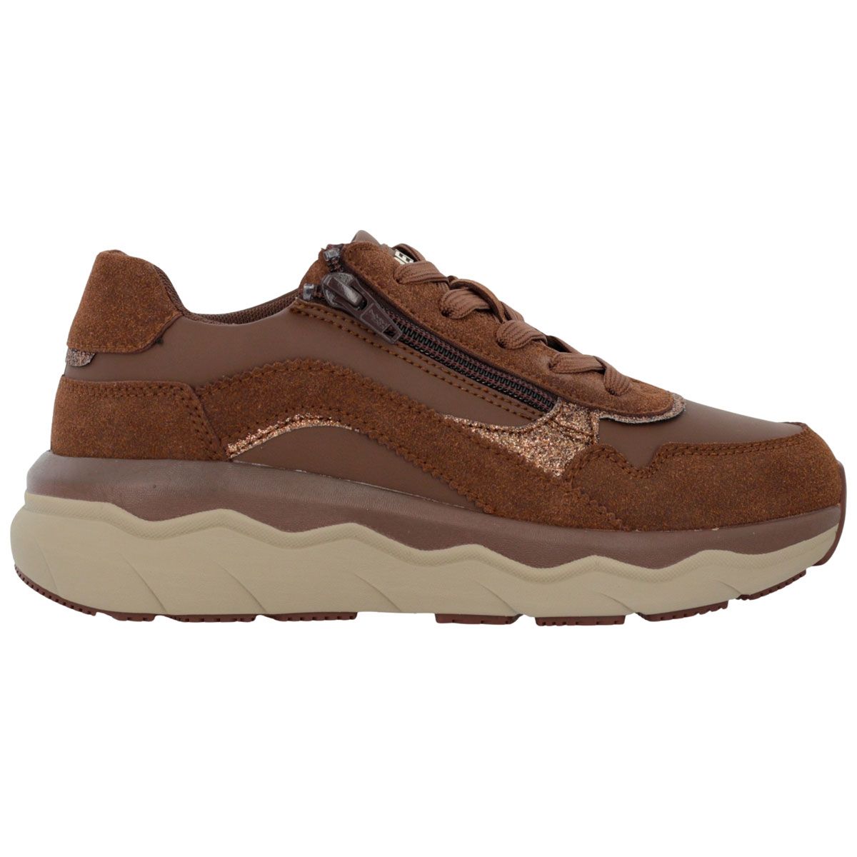 Scarpa marrone da donna con lacci e zip laterale. Soletta interna estraibile.