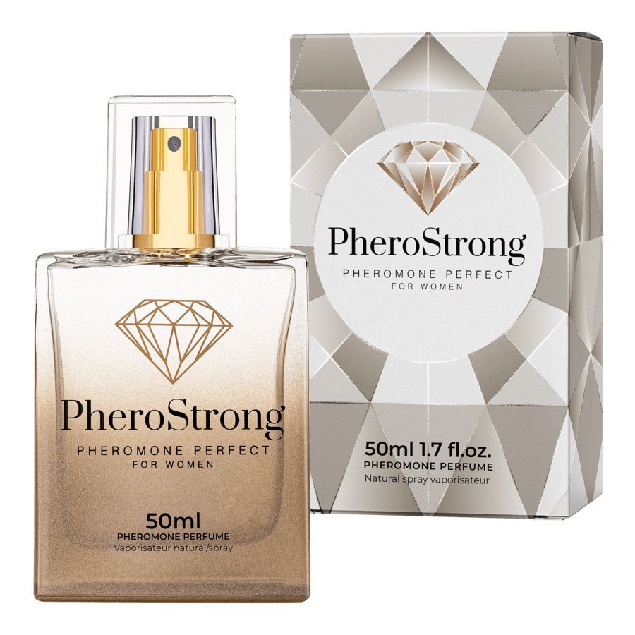 PheroStrong Profumo feromoni per donne, 50ml. Flacone con spray dorato e scatola.