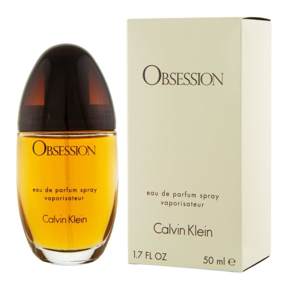 Flacone e scatola di profumo. Scritta: Obsession, Eau de Parfum Spray, Calvin Klein. Flacone: 50 ml, 1.7 FL OZ.