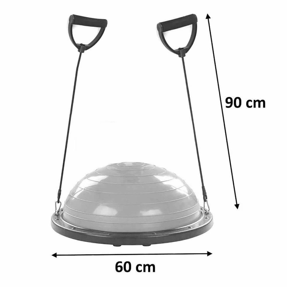 Allenatore di equilibrio grigio con due maniglie, diametro 60 cm, altezza 90 cm.