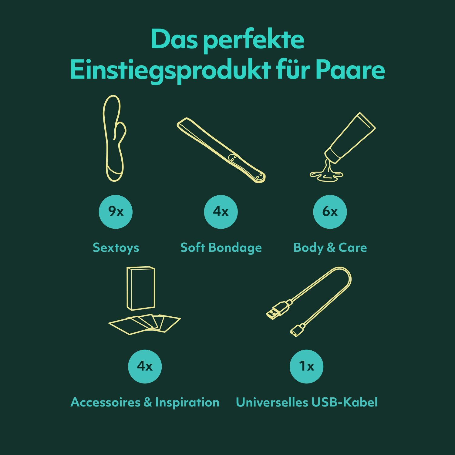 Panoramica del contenuto del calendario: Sextoys, Soft Bondage, Body & Care, Accessori, Cavo USB.