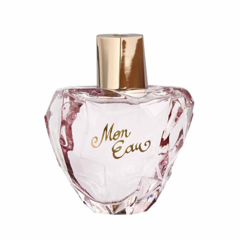 Flacone rosa con tappo dorato e scritta "Mon Eau".