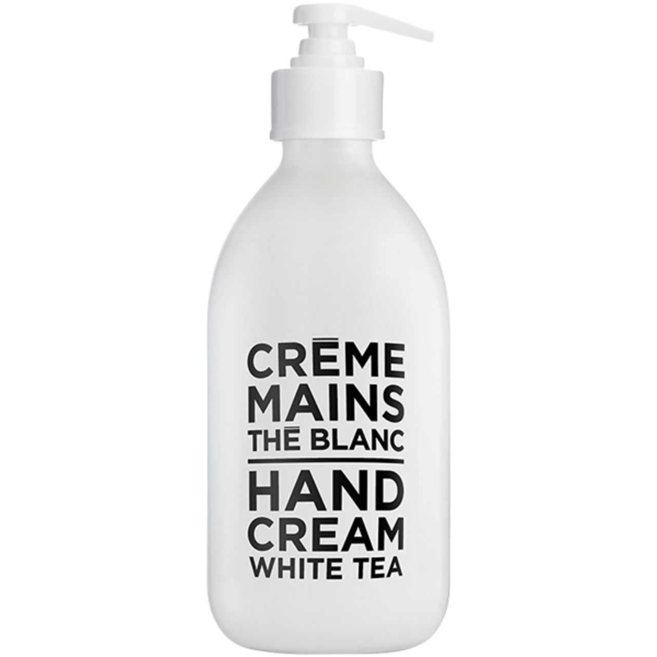 Flacone bianco di crema mani con dosatore. Testo nero: Crème Mains, The Blanc, Hand Cream, White Tea.