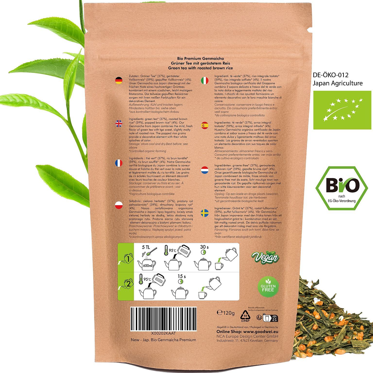 Retro della confezione in carta con testo e loghi. Informazioni sugli ingredienti e la preparazione. Sigillo Bio.