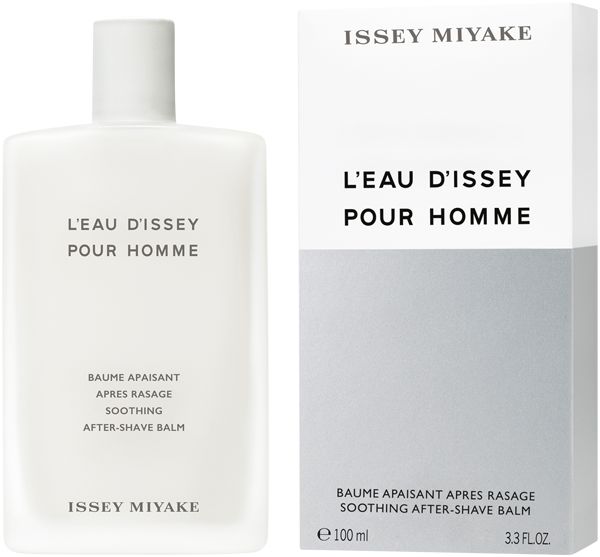 Flacone e confezione bianchi. Scritta: L'Eau d'Issey Pour Homme, balsamo dopobarba. Marchio: Issey Miyake.