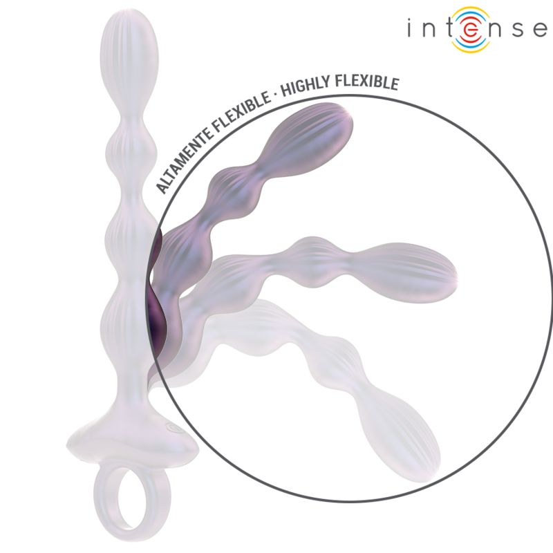 Plug anale flessibile, viola e trasparente. Viene evidenziata la flessibilità del prodotto.