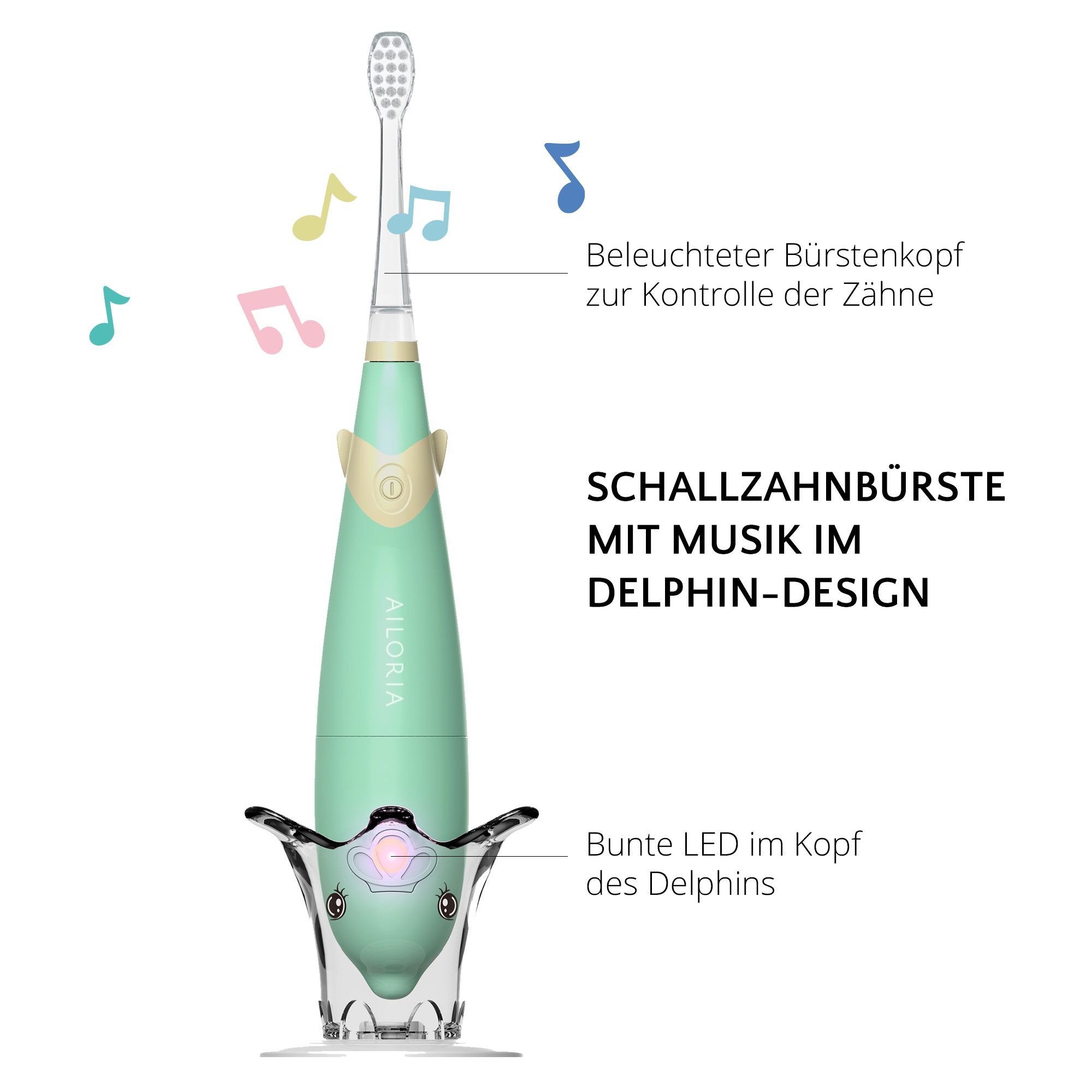 Spazzolino verde con supporto. Logo AILORIA. Testo: Spazzolino sonico a forma di delfino con musica.