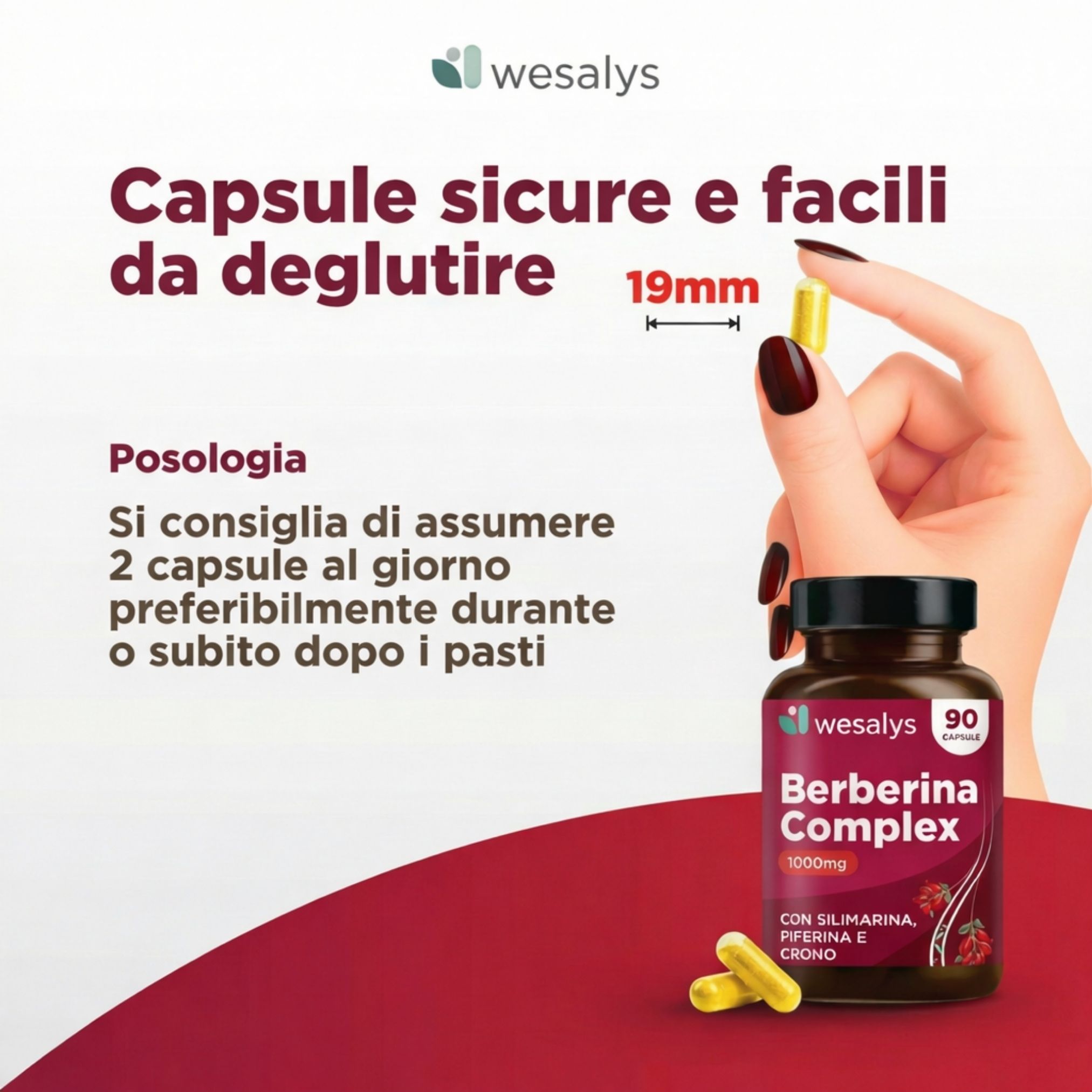 Mano che tiene una capsula gialla. Accanto, flacone Berberina Complex. Scritta: Berberina Complex, 1000mg. Con Silimarina, Piperina e Cromo.