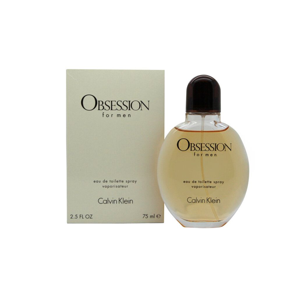 Flacone e confezione. Flacone rotondo, tappo marrone. Confezione bianca. Scritta: Obsession for men, Calvin Klein.