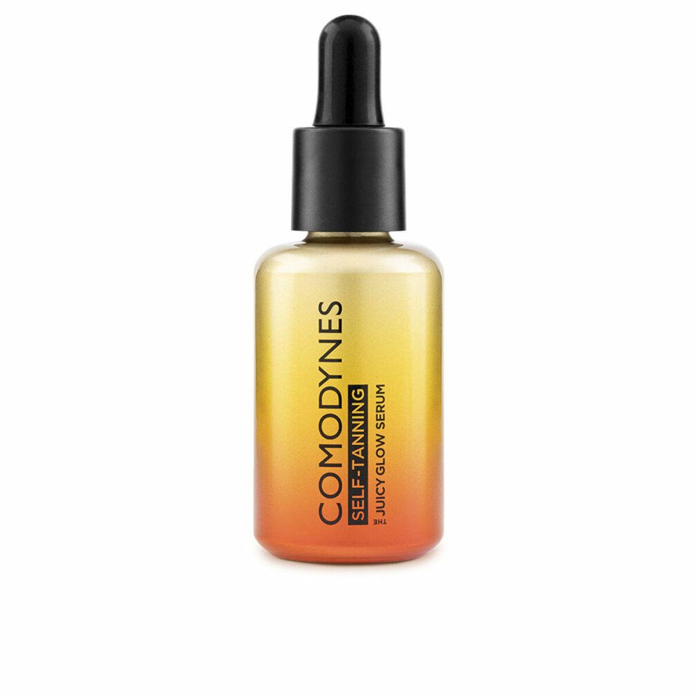 Flacone di siero autoabbronzante. Sfumatura arancione-gialla. Pipetta nera. Scritta: COMODYNES, SELF-TANNING, JUICY GLOW SERUM.