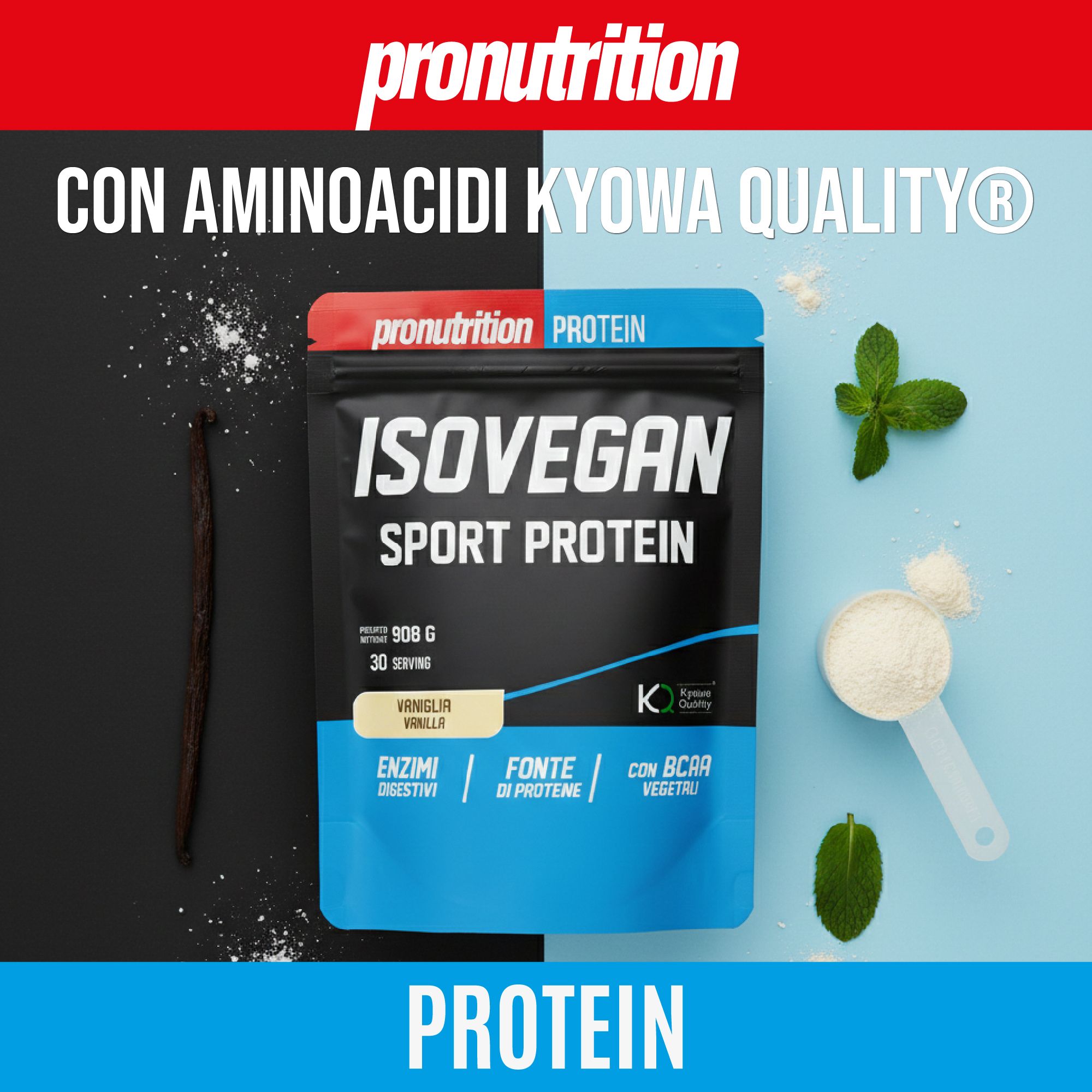 Busta nera Isovegan Sport Protein, gusto vaniglia. Contiene aminoacidi Kyowa Quality. Con cucchiaio e menta.