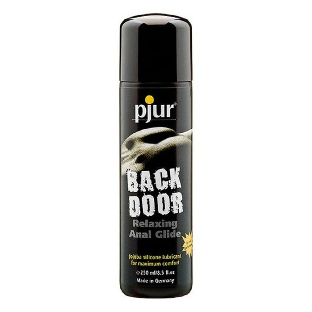 Flacone nero con tappo nero. Scritta: pjur, BACK DOOR, Relaxing Anal Glide. Contiene jojoba. Prodotto in Germania.